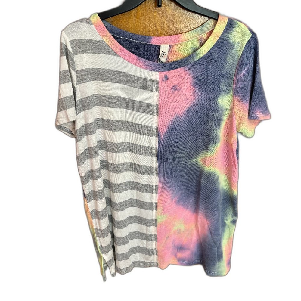Flamingo Brand Mashup Tye Dye Gray Stripe Top